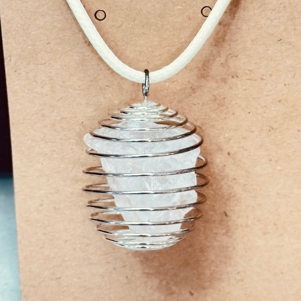 925 Sterling Silver Plated Satin Spar Crystal (Gypsum) Spiral Wire Wrapped Cage